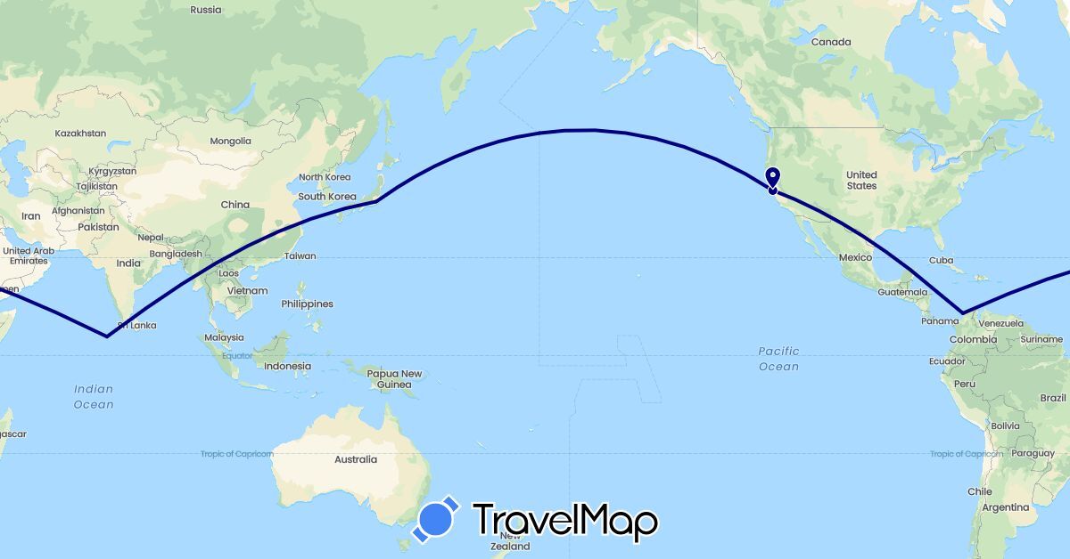 TravelMap itinerary: driving in Colombia, Japan, Maldives, United States (Asia, North America, South America)